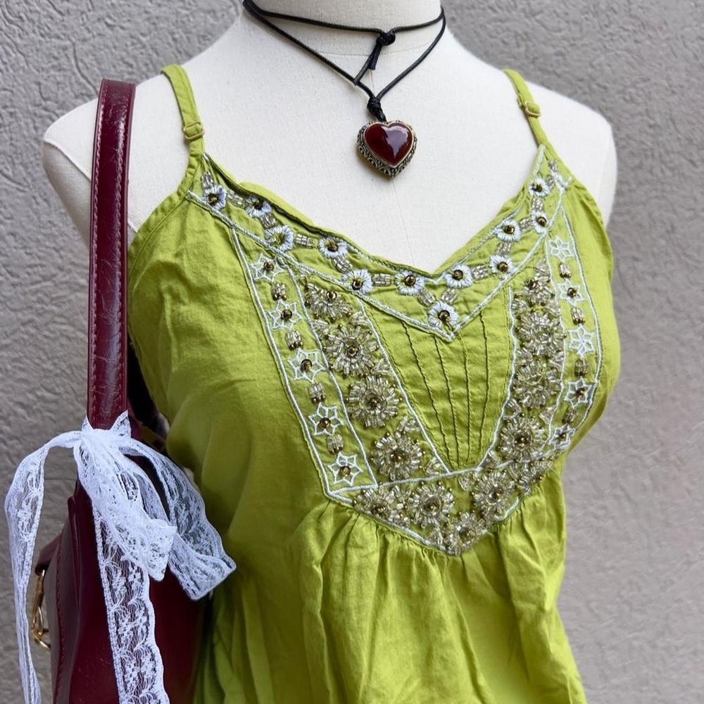Vintage Y2K Apt 9 Lime Green Beaded Tank Top Size Large Boho Festival - Picture 3 of 8
